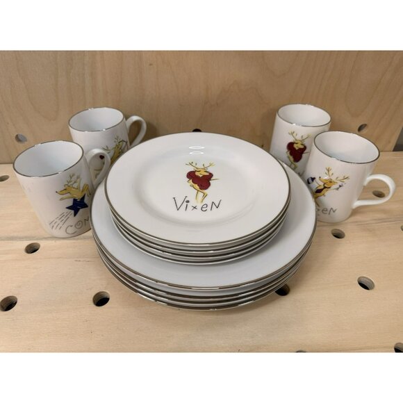 Pottery Barn Playful Reindeer Dishes Comet Vixen Blitzen Cupid 12 Piece 4 Sets - Picture 8 of 15